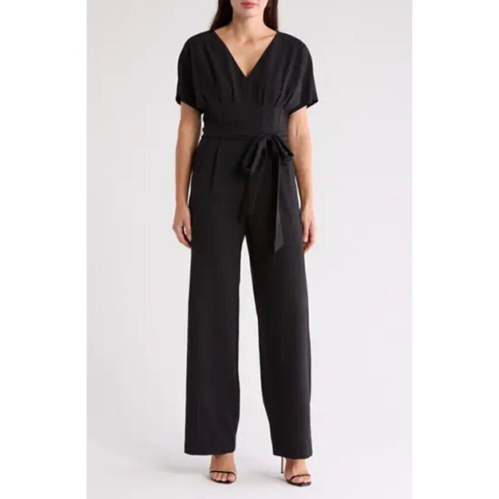 NWT ELIZA J Pleated Jumpsuit Pockets Tie Belt Black 6